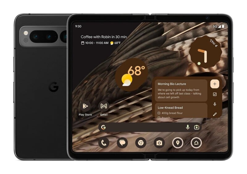 A black foldable smartphone is shown from the back and front, displaying a home screen with weather, calendar, and app icons on its large inner screen.