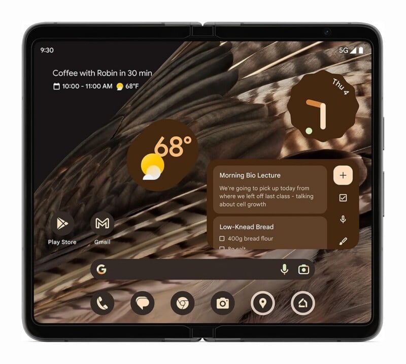 A foldable smartphone screen displays a home screen with a weather widget, a clock, a notes widget, and a bottom dock containing app icons and a search bar.