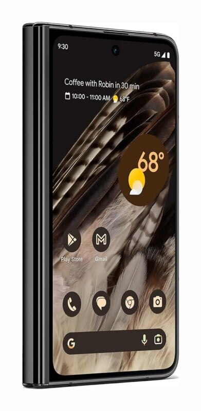 A black foldable smartphone displays a home screen with a weather widget, calendar event, and app icons including Gmail and the Play Store.