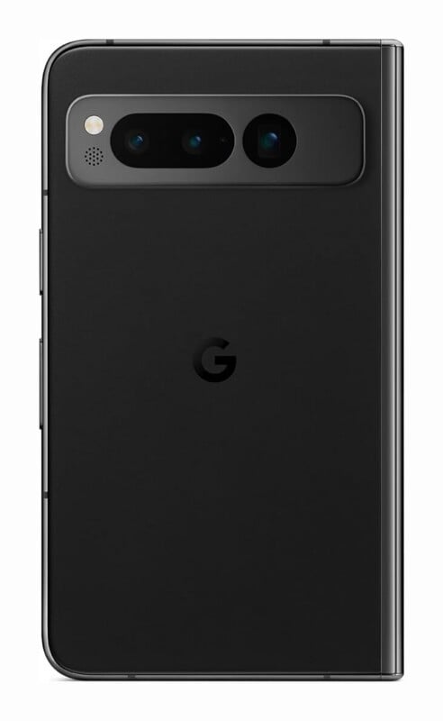 A black foldable smartphone shown from the back, featuring a horizontal camera bar with three lenses and a small circular flash, and a centered "G" logo.