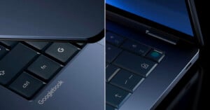 A split-screen view of a dark blue laptop keyboard, showing the "Googlebook" branding on the left and a fingerprint sensor on the power key on the right.