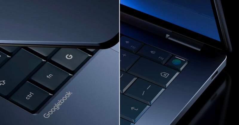 A split-screen view of a dark blue laptop keyboard, showing the "Googlebook" branding on the left and a fingerprint sensor on the power key on the right.