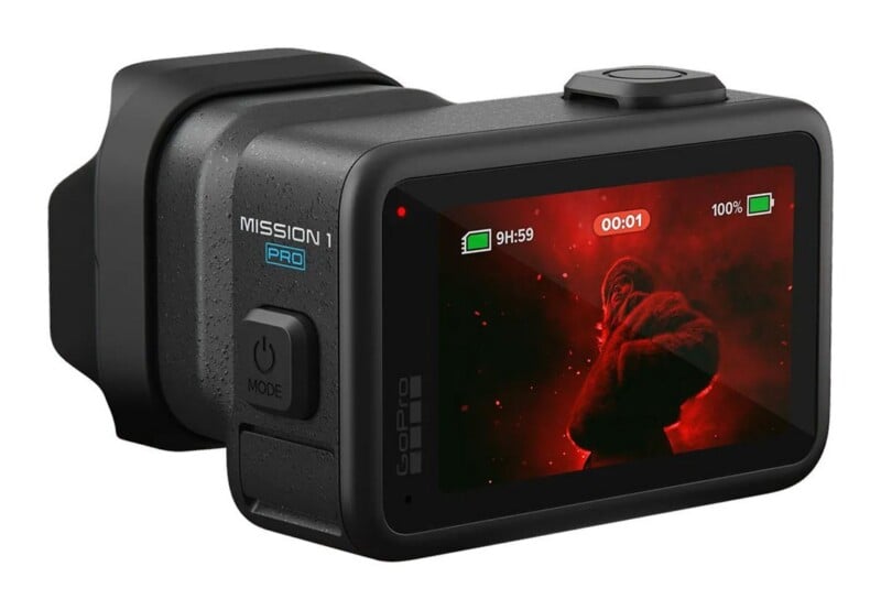 A black action camera viewed from the side, showing a screen displaying a red-toned video of a person and a power button labeled "MODE".