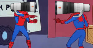 The classic Spider-Man pointing meme, where the two Spider-Men have Sony G Master telephoto lenses for heads.