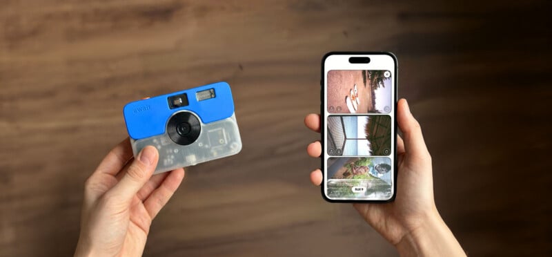 A person holds a blue and translucent digital camera in their left hand and a smartphone displaying a photo gallery app in their right hand.