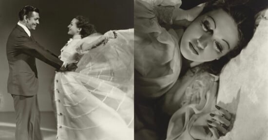 A split-screen image showing Clark Gable dancing with a woman in a white gown on the left, and a close-up of the woman lying down on the right.