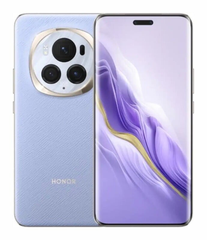 A light purple smartphone shown from the back and front, featuring a textured back panel, a large circular camera module, and a curved display with a pill-shaped cutout.