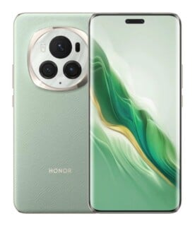A light green Honor smartphone shown from both the back and front, featuring a textured back panel, a large circular camera module, and a curved display with a pill-shaped cutout.