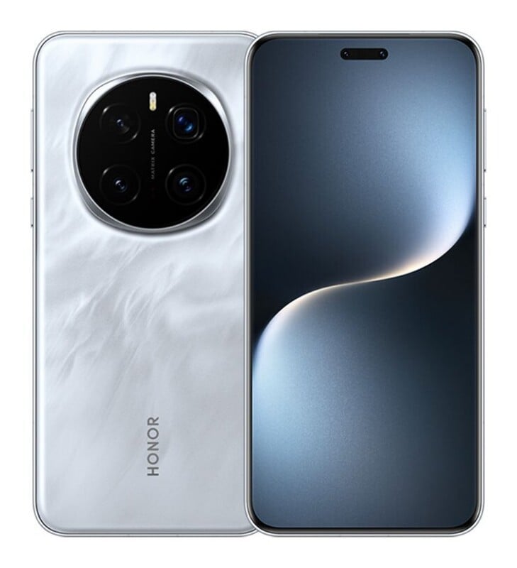 A white Honor smartphone shown from the back and front, featuring a large circular camera module on the rear and a pill-shaped cutout on the display.