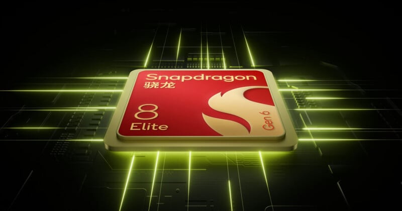 A red and gold Snapdragon 8 Elite processor chip sits on a dark circuit board background with glowing green light streaks.
