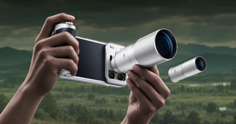 A person holds a smartphone equipped with a large, detachable silver lens, while a second identical lens floats in the air to the right against a landscape background.