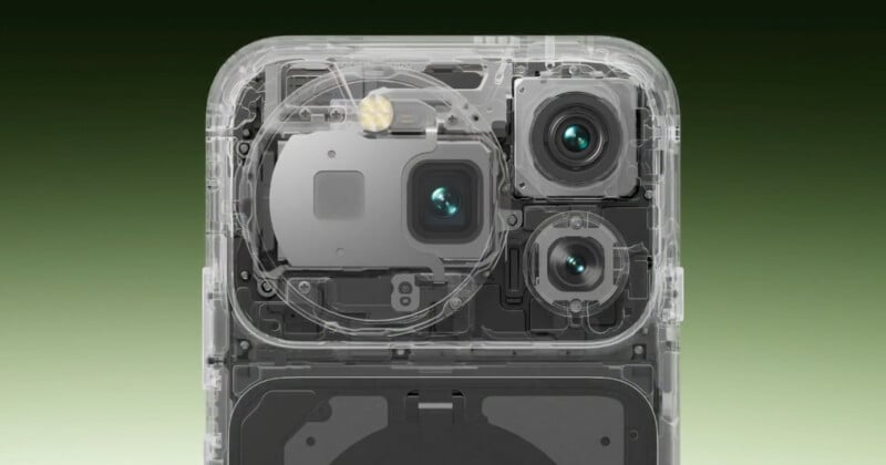 A transparent view of the internal components of a smartphone, highlighting the rear camera array and wireless charging coil.