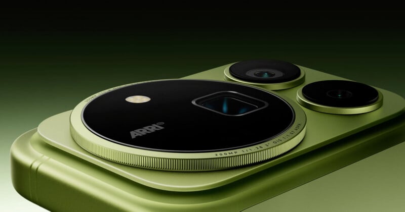 A close-up of a light green smartphone camera module featuring a large circular lens housing with the text "ARRI" and technical specifications printed on the rim, alongside two smaller circular lenses.