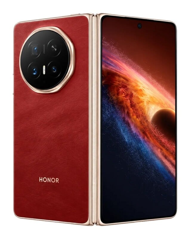 A red, leather-textured foldable smartphone shown from the back and side, featuring a large circular camera module and a front screen displaying a cosmic nebula.