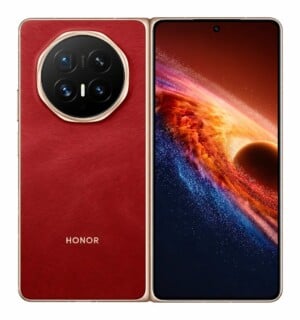 A foldable smartphone shown from both the back and front, featuring a red leather-textured back with a circular camera module and a front screen displaying a vibrant cosmic nebula.