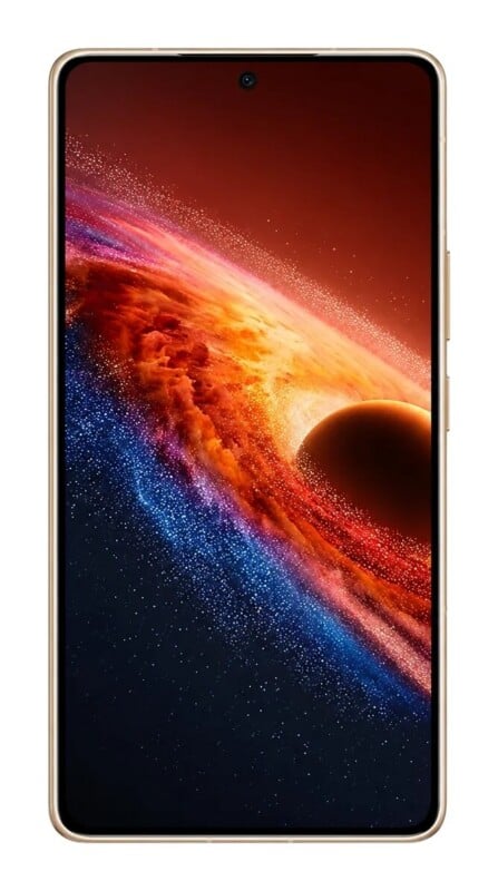 A smartphone with a gold-colored frame displays a vibrant, high-resolution wallpaper of a black hole surrounded by glowing orange and blue cosmic dust.