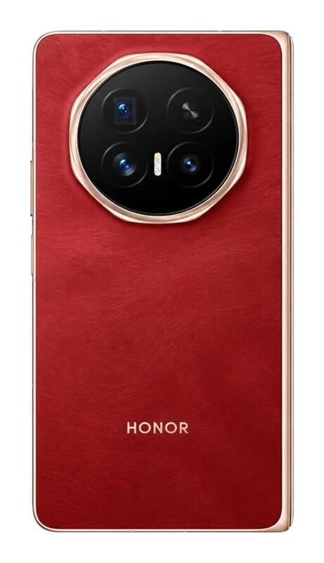 A red, leather-textured smartphone back featuring a large, circular camera module with three lenses and a vertical flash, with the word "HONOR" printed in gold near the bottom.