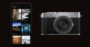 A smartphone screen displaying a list of photo filter presets sits to the left of a silver and black digital camera.