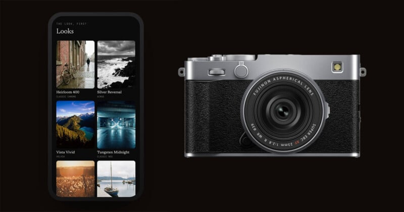 A smartphone screen displaying a list of photo filter presets sits to the left of a silver and black digital camera.