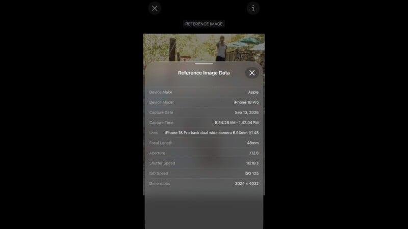 A pop-up window titled Reference Image Data displays technical camera settings for a photo, including device model, date, time, lens, focal length, aperture, shutter speed, ISO, and dimensions.