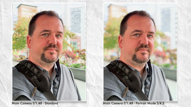 A side-by-side comparison of a man's portrait, showing the difference between standard mode and portrait mode with a blurred background.