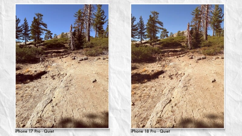 Two side-by-side photos of a dirt trail leading up a hill toward pine trees under a clear blue sky, labeled "iPhone 17 Pro - Quiet" and "iPhone 18 Pro - Quiet.