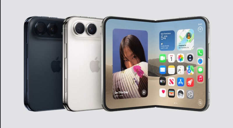 Three smartphones are displayed against a plain background: two closed devices in black and white, and one open, foldable device showing an app-filled home screen.