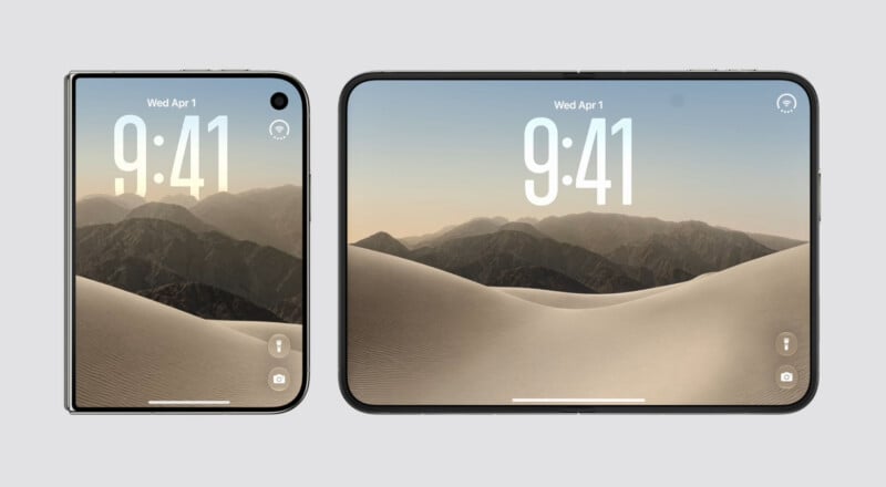 A foldable smartphone shown in both its folded, narrow state and its unfolded, wide-screen state, displaying a desert wallpaper.