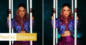 A split-screen comparison shows a woman with pink-tipped hair and a metallic jacket posing between two vertical light tubes, with the right side revealing more of her purple skirt.