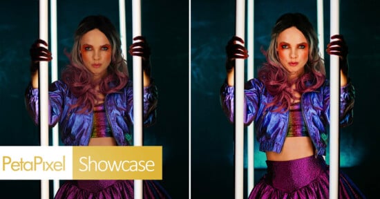 A split-screen comparison shows a woman with pink-tipped hair and a metallic jacket posing between two vertical light tubes, with the right side revealing more of her purple skirt.