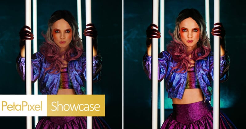 A split-screen comparison shows a woman with pink-tipped hair and a metallic jacket posing between two vertical light tubes, with the right side revealing more of her purple skirt.