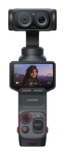 An Insta360 camera with a dual-lens Leica gimbal head and a touchscreen display showing a woman, set against a mountain landscape.