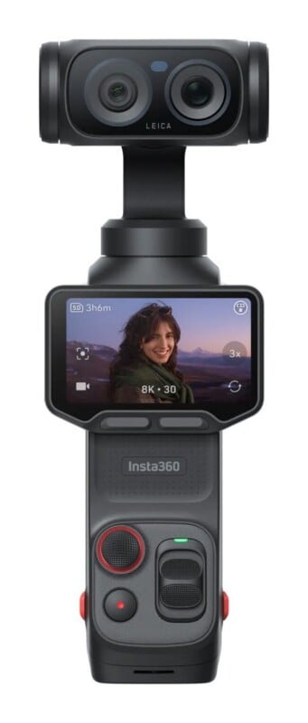 An Insta360 camera with a dual-lens Leica gimbal head and a touchscreen display showing a woman, set against a mountain landscape.