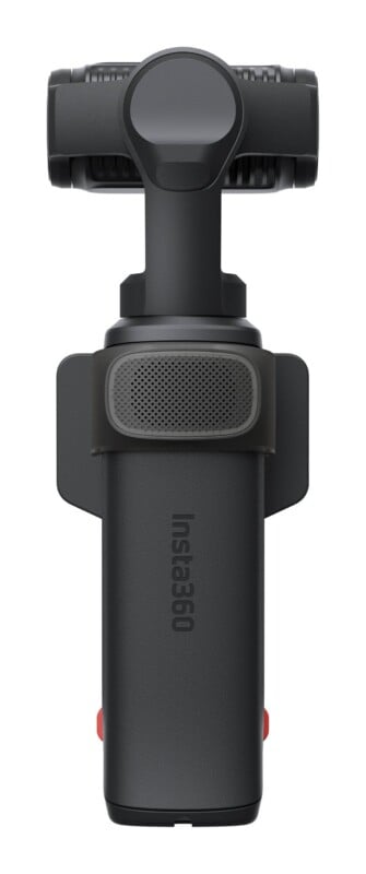 A black Insta360 handheld gimbal camera with a vertical handle and a rotating camera head at the top.