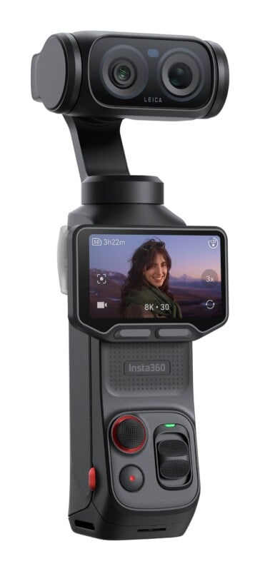 A black Insta360 handheld gimbal camera with a Leica lens and a digital screen displaying a woman's portrait.