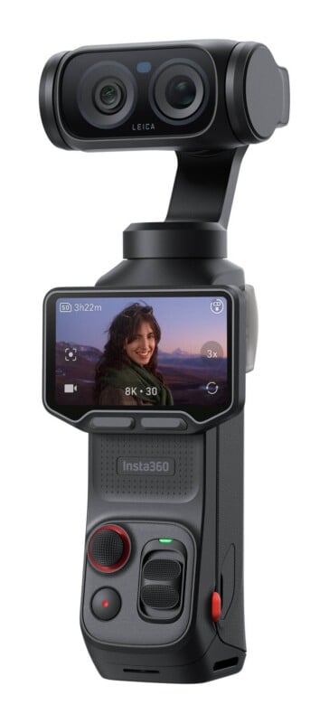 A black Insta360 handheld gimbal camera with a Leica lens and a digital screen displaying a woman's portrait.