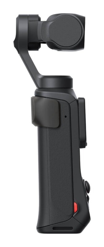 A black handheld gimbal camera with a three-axis stabilizer, shown from a side profile against a white background.