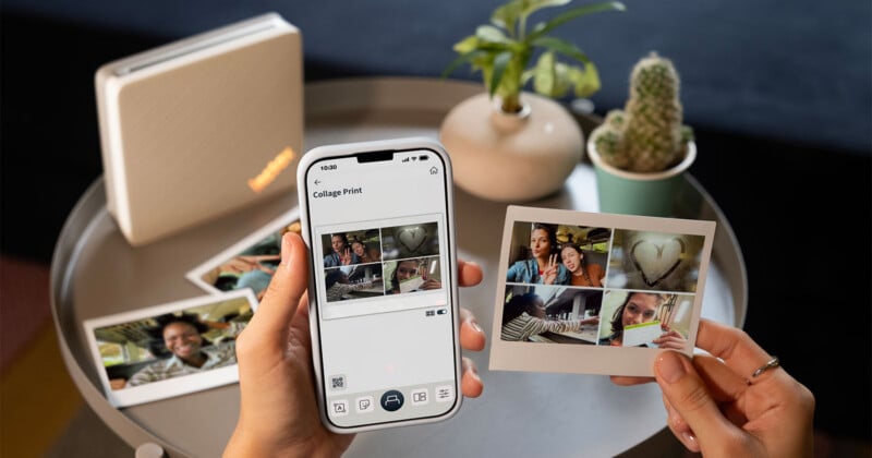 A person holds a smartphone displaying a collage print app interface next to a printed instant photo showing the same four-image collage, with a printer and plants on a table in the background.