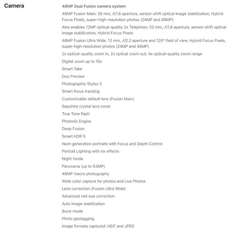A list of technical specifications for a 48MP dual fusion camera system, detailing lens features, zoom capabilities, and software tools.