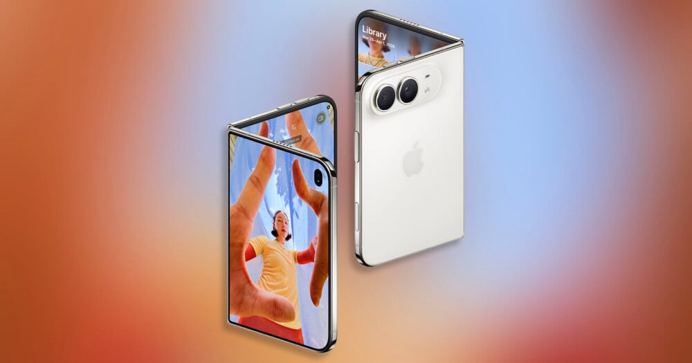 Two white foldable smartphones are displayed against a gradient background, one showing a person's hands framing a view on the inner screen and the other showing the rear camera module and Apple logo.
