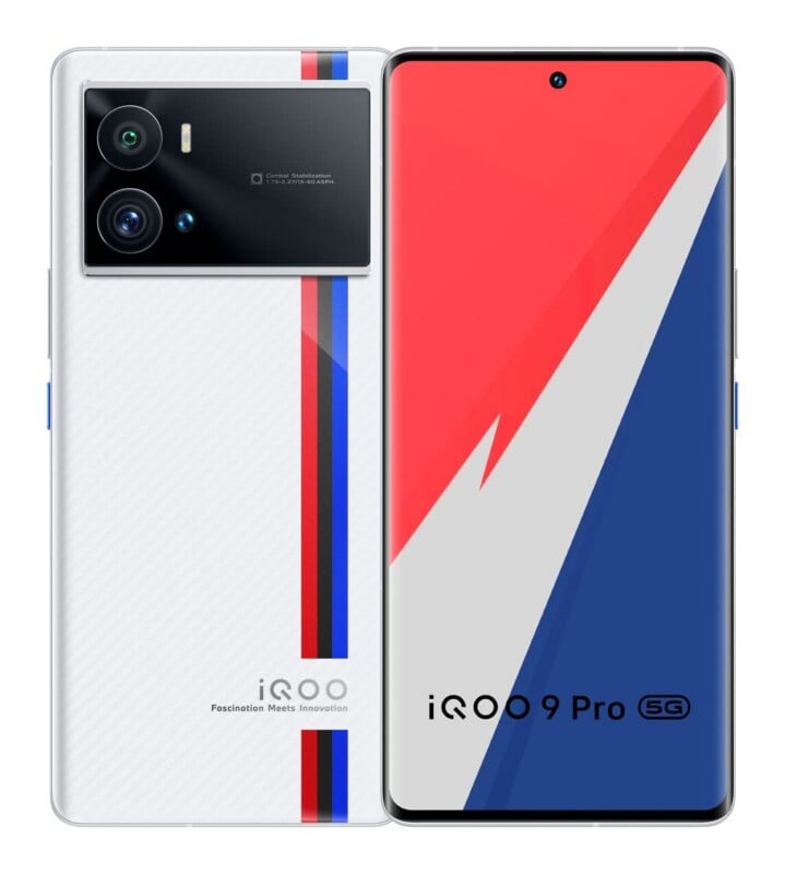 A white iQOO 9 Pro 5G smartphone shown from the front and back, featuring a red, black, and blue racing stripe design on the rear panel.