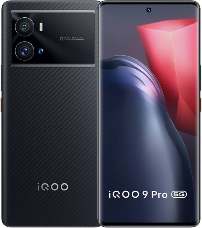 A front and back view of a black iQOO 9 Pro 5G smartphone with a carbon fiber textured back and a triple-camera module.