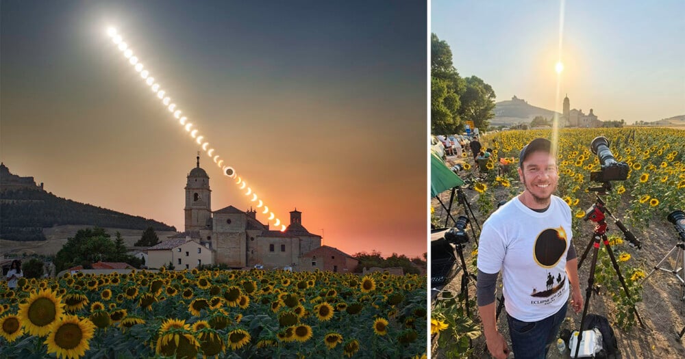 A composite image shows a solar eclipse sequence over a church and sunflower field, alongside a man standing in the field with his camera equipment.