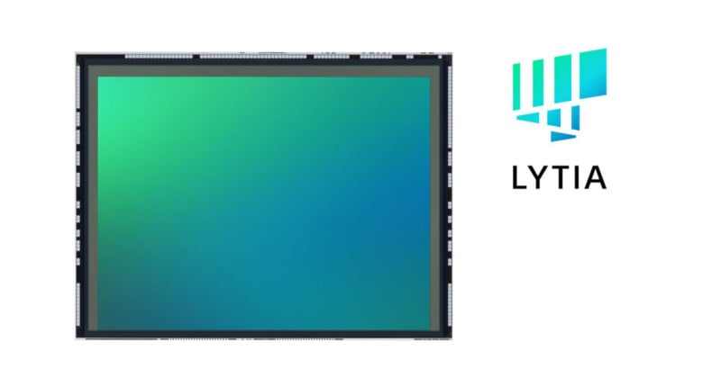 A rectangular image sensor with a green-to-blue gradient surface sits next to the blue and green LYTIA logo.