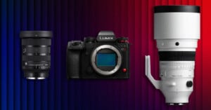 A black Sigma 24-70mm lens, a black Lumix S1II camera body, and a white Sigma 200mm lens arranged against a blue and red gradient background.
