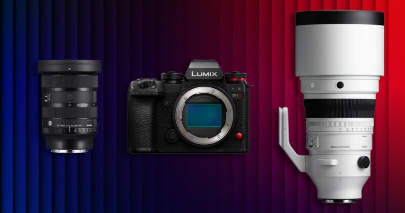 A black Sigma 24-70mm lens, a black Lumix S1II camera body, and a white Sigma 200mm lens arranged against a blue and red gradient background.