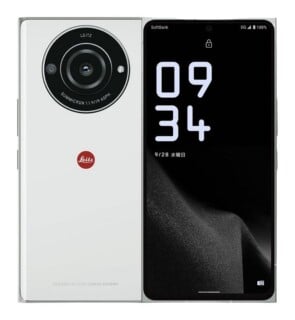 A white smartphone shown from both the back and front, featuring a large circular camera module with Leica branding and a screen displaying the time 09:34.