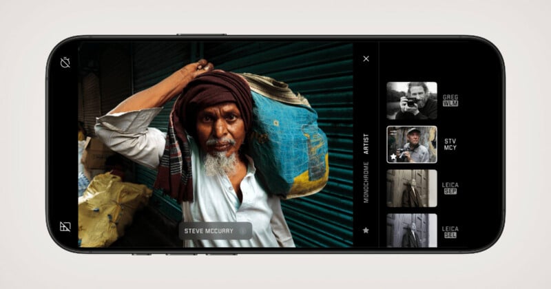 A smartphone screen displays a photo editing interface showing a portrait of a man with a head wrap and a blue bag, with a sidebar of filter options labeled with names like Greg Wlm and Stv Mcy.