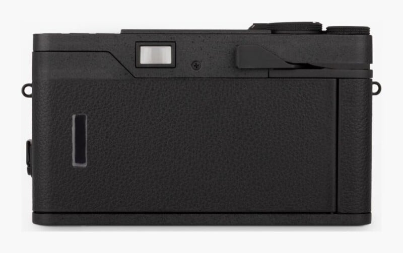 The back of a black digital camera featuring a rectangular viewfinder window, a frame line preview lever, and a vertical status light on the left side.