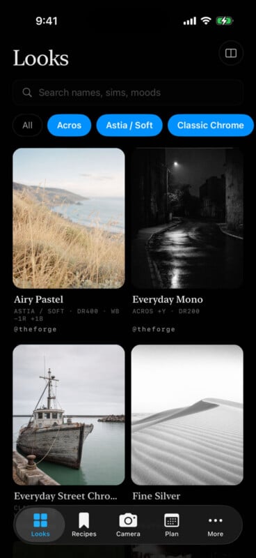 A mobile app interface titled "Looks" displays a grid of photography filter presets with sample images and text descriptions, featuring a bottom navigation bar with icons for Looks, Recipes, Camera, Plan, and More.